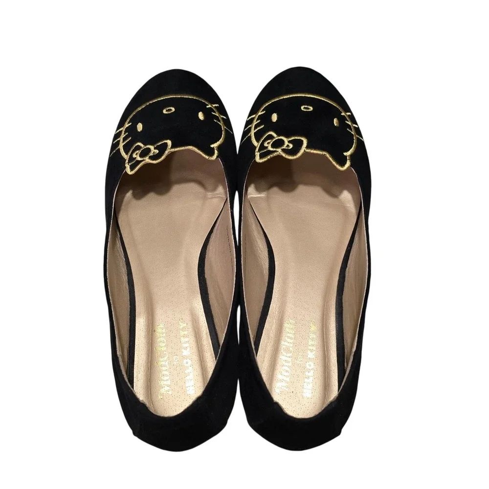 ModCloth Hello Kitty Ballet Flats Womens Gold Embroidered Black Suede Size 9